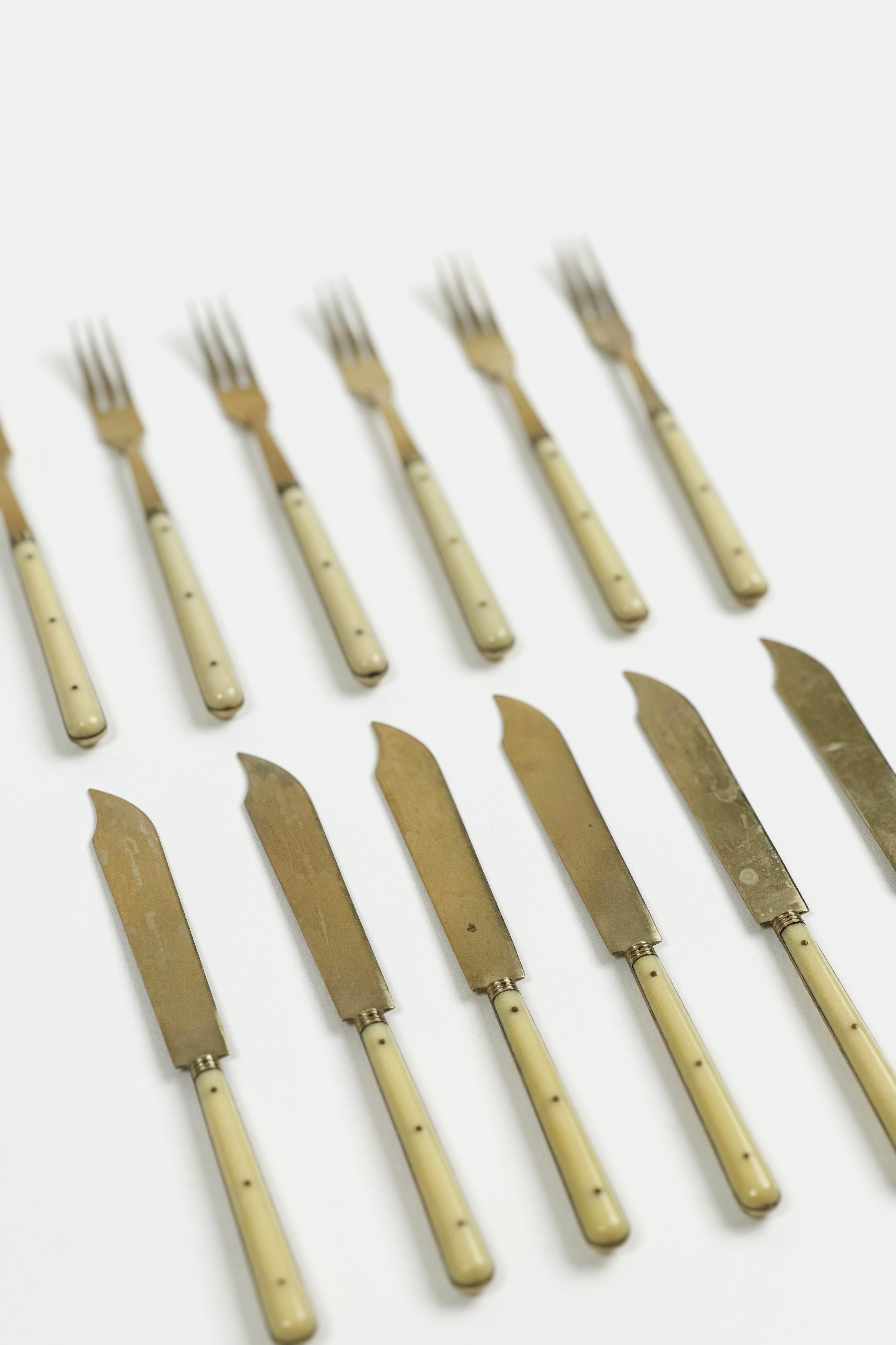 Set of 6 Chinese Brass and Bakelite Fish Forks and Knives