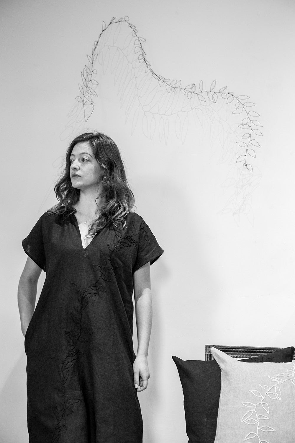 Suki Embroidered Linen Dress In Black Vine