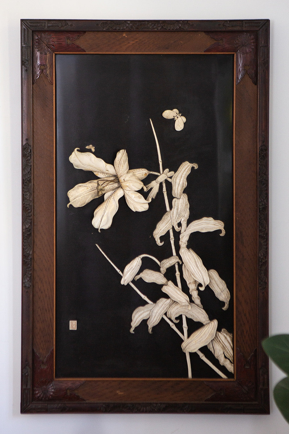 Japanese Bone Inlaid Lacquered Lily Panel