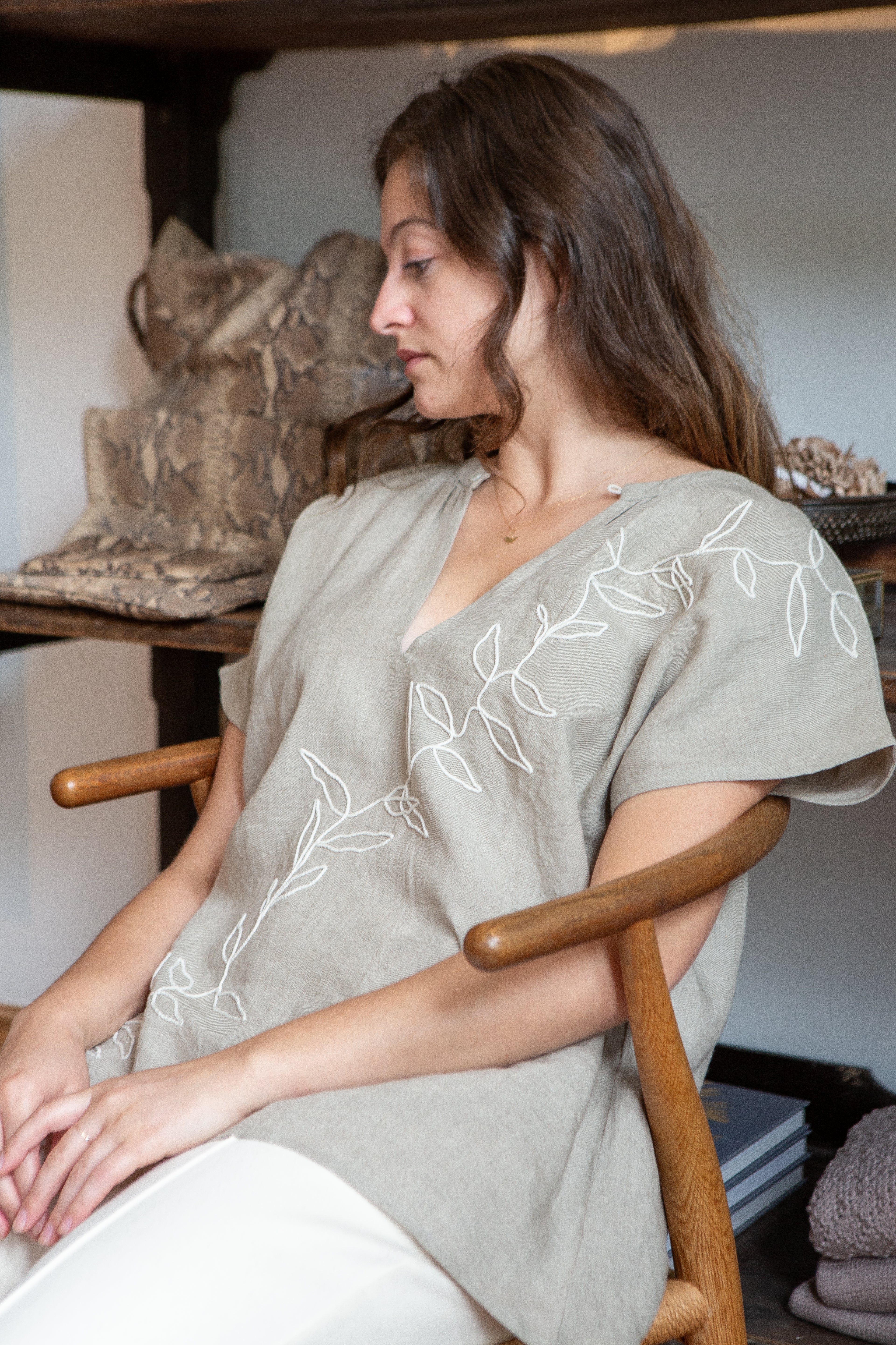 Patti Embroidered Linen Blouse In Natural Vine