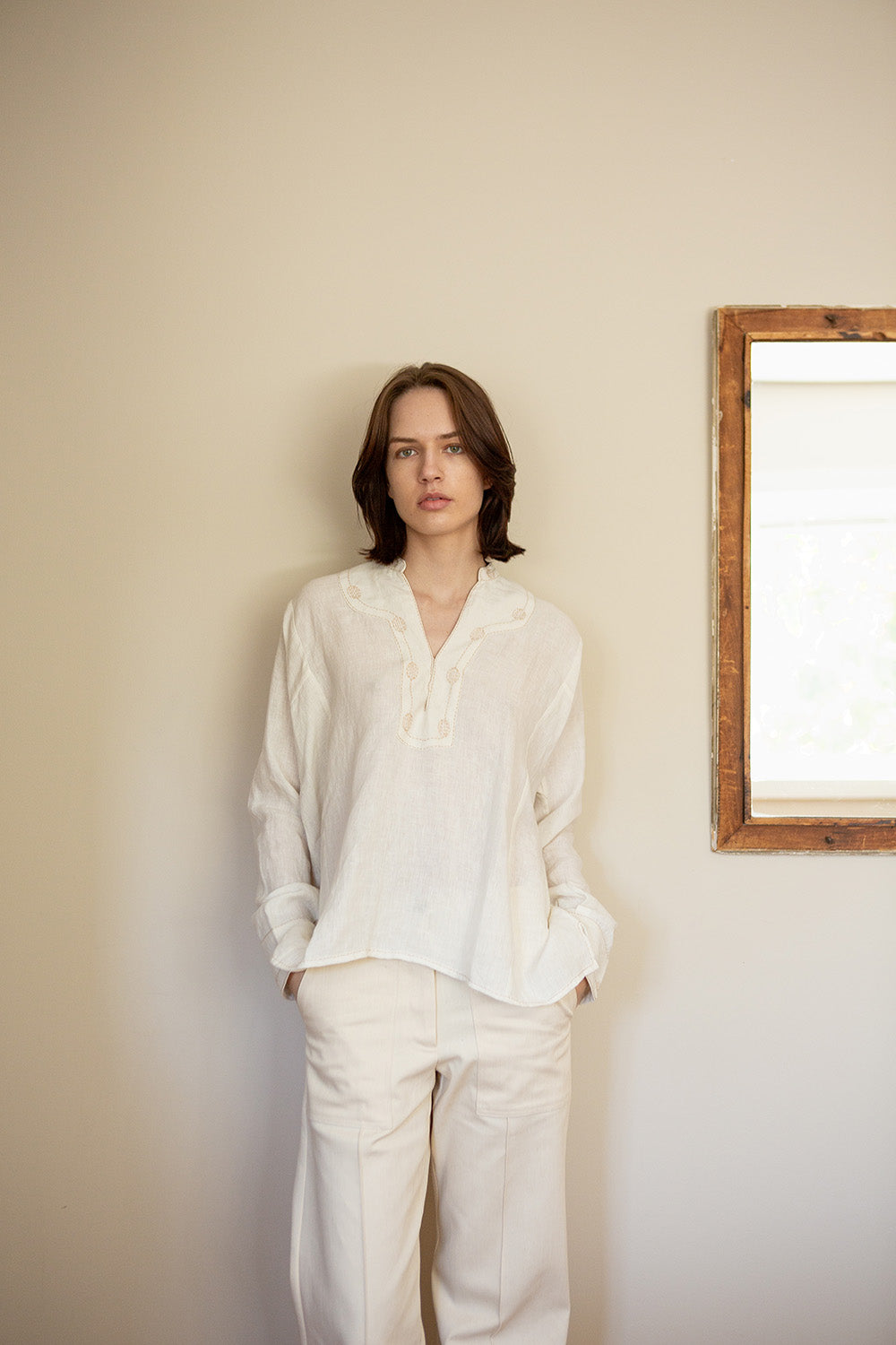 Aarika Linen Hand Embroidered Top in Soft White