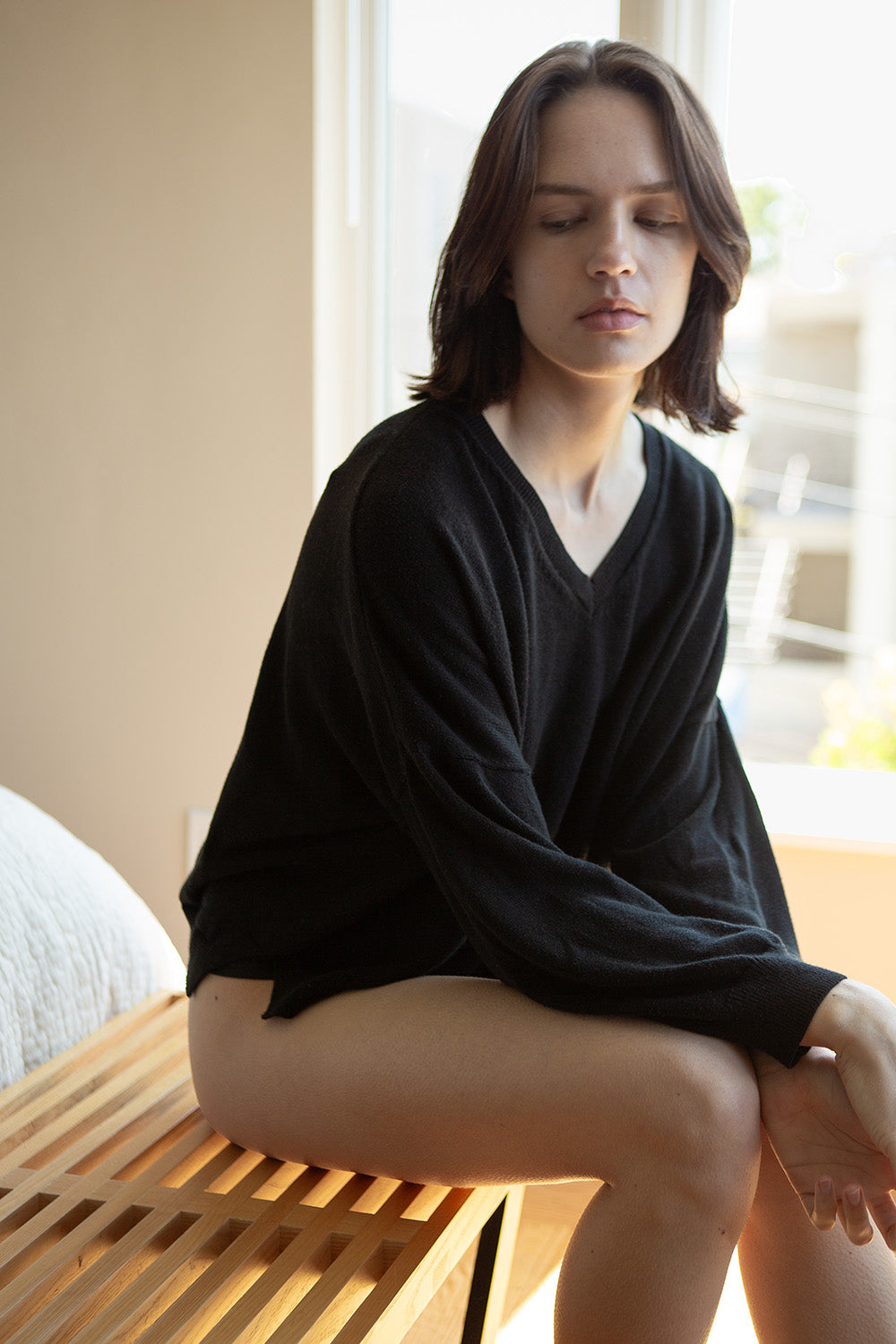 Anna Pima Cotton V Neck Pullover in Black