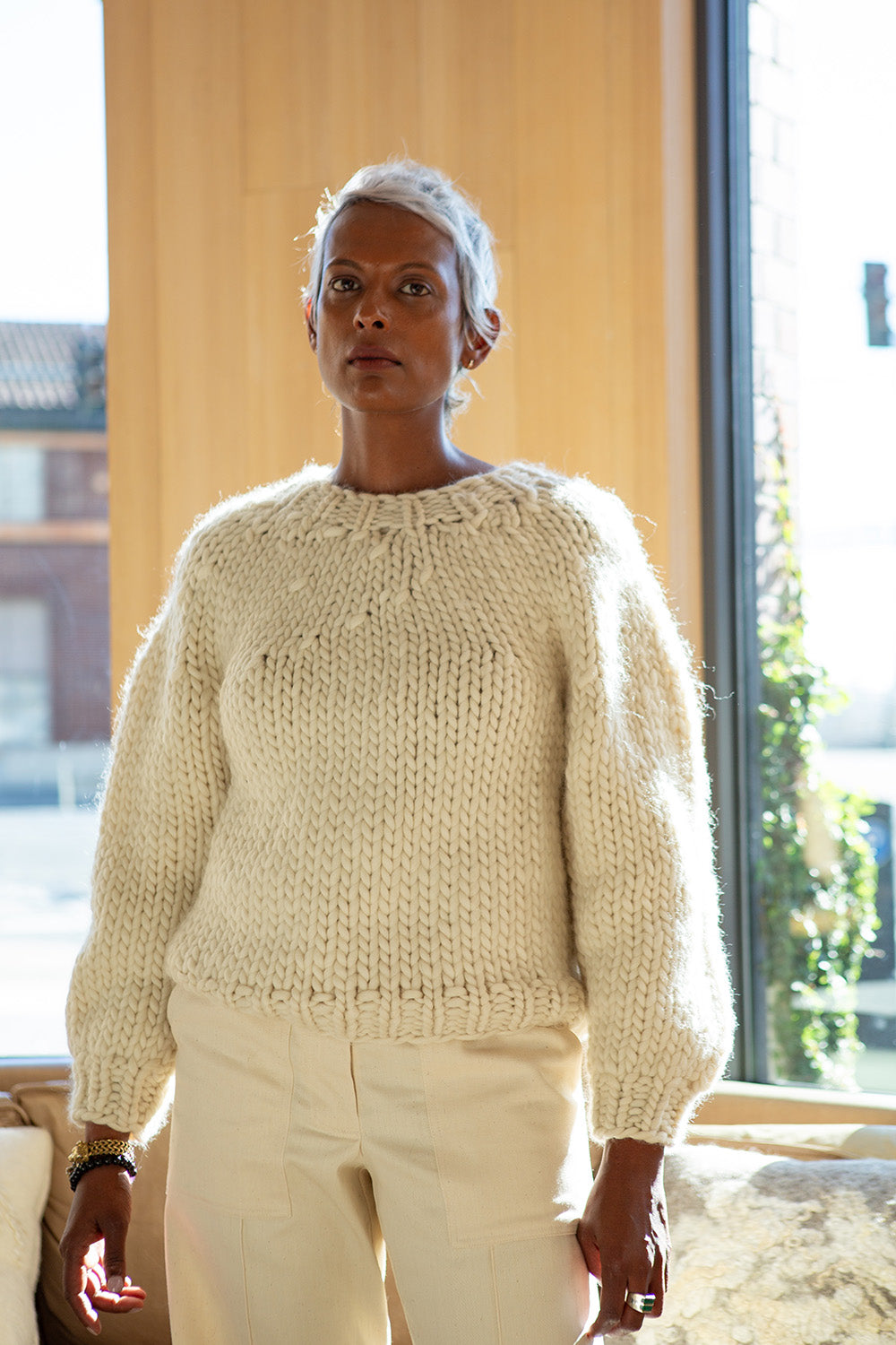 Merino Wool Crewneck Balloon Pullover In Winter White