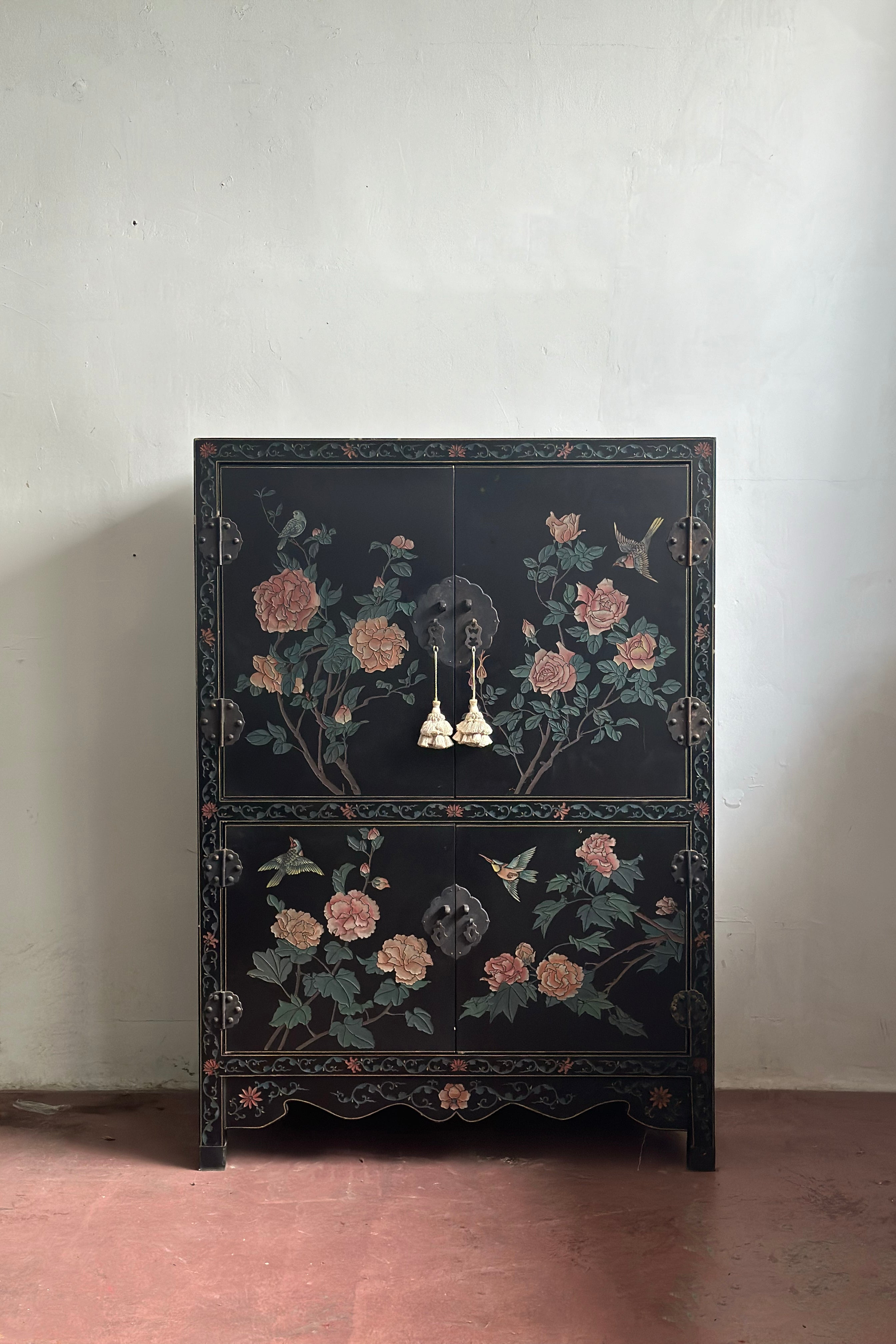 Antique Chinese Coromandel Cabinet with Silk Tassels