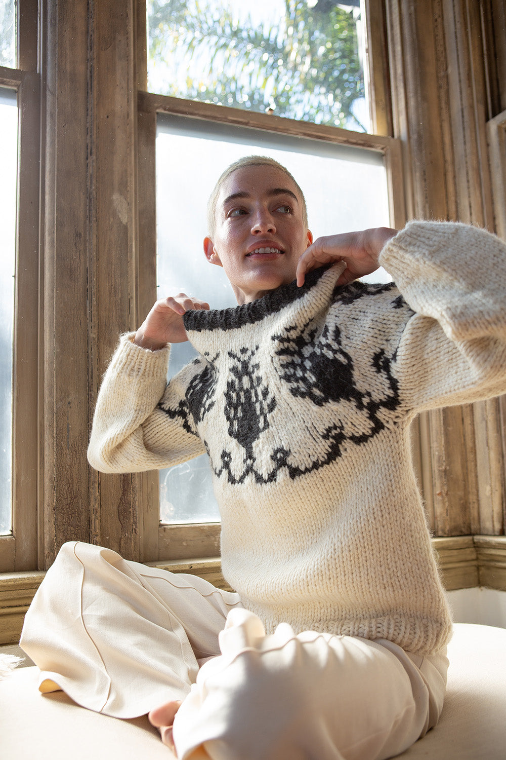 Alpaca and Wool Cypress Pullover in Cream/Charcoal