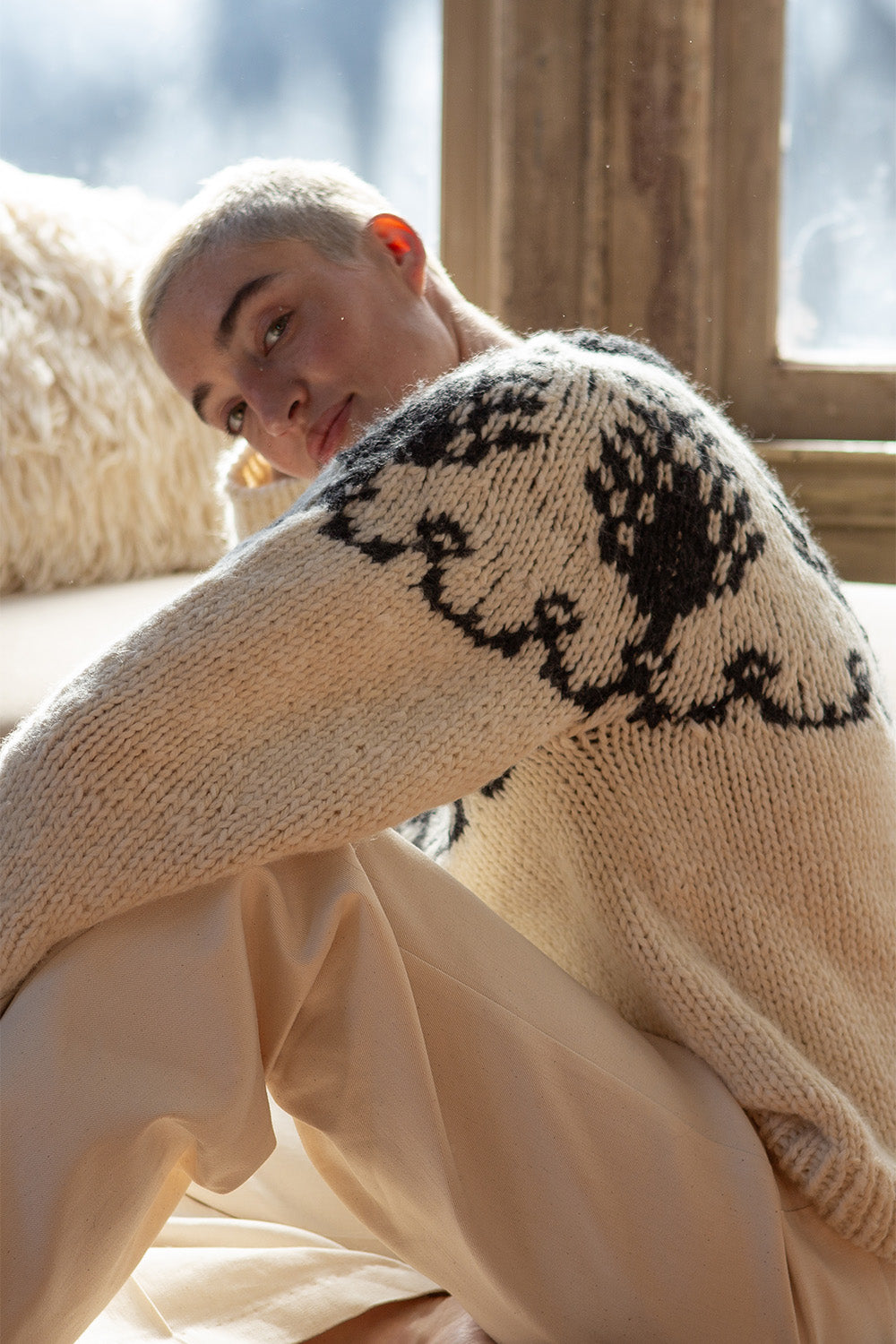 Alpaca and Wool Cypress Pullover in Cream/Charcoal
