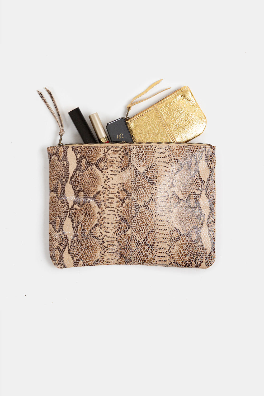 Elke Lambskin Leather Zip Clutch In Sand Snake