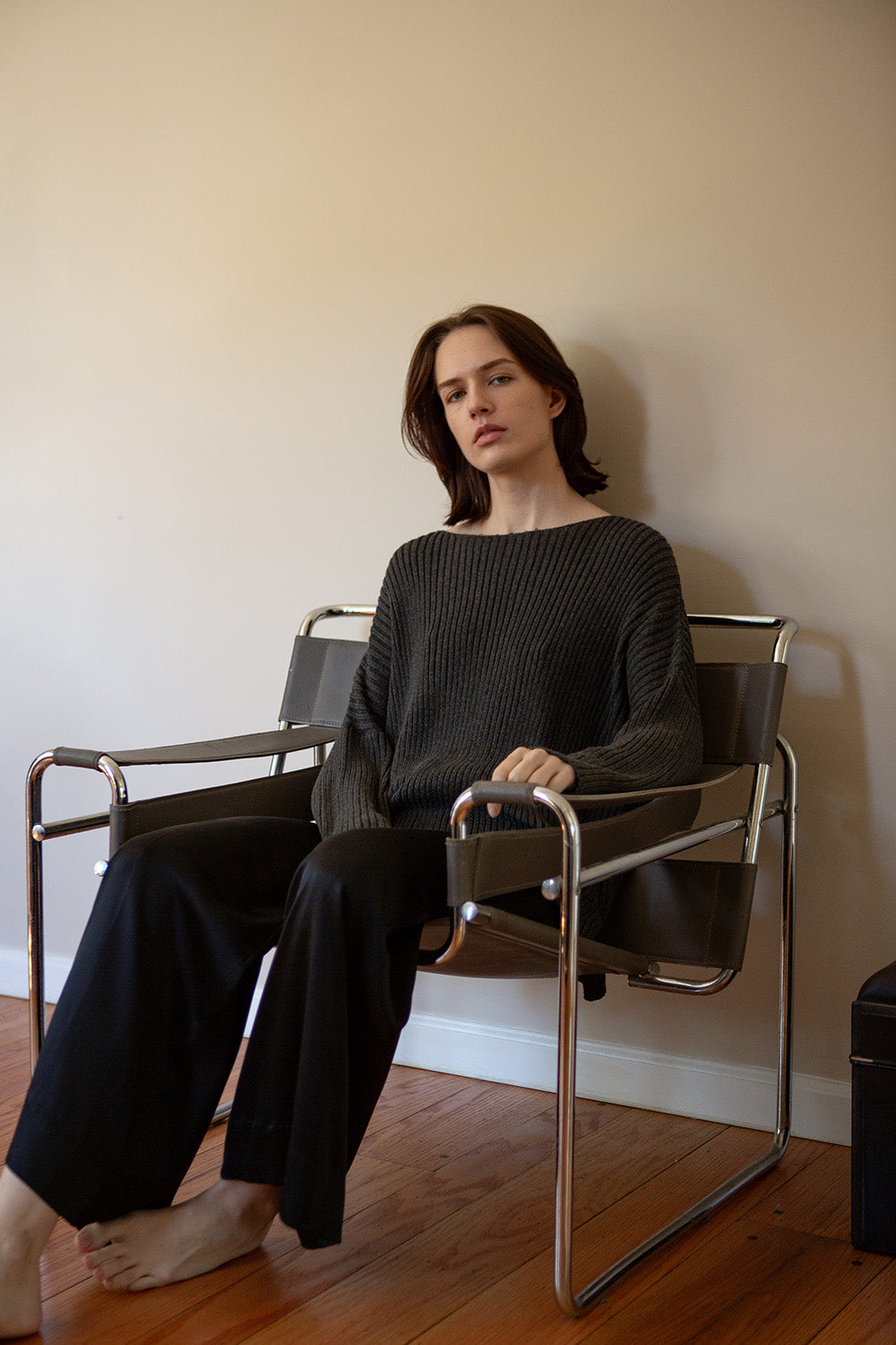 Ellie Pima Cotton Ribbed Pullover in Charcoal