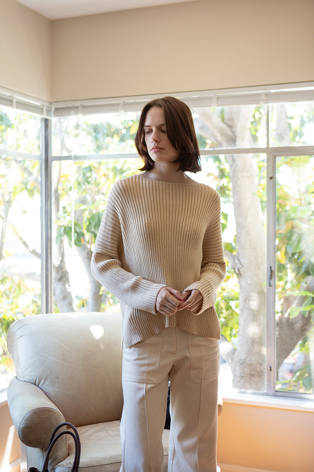 Ellie Pima Cotton Ribbed Pullover in Natural