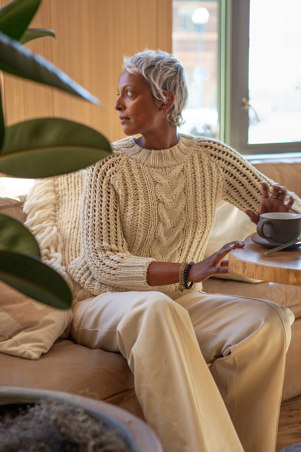 Alpaca Cable Knit Fisherman Sweater in Winter White