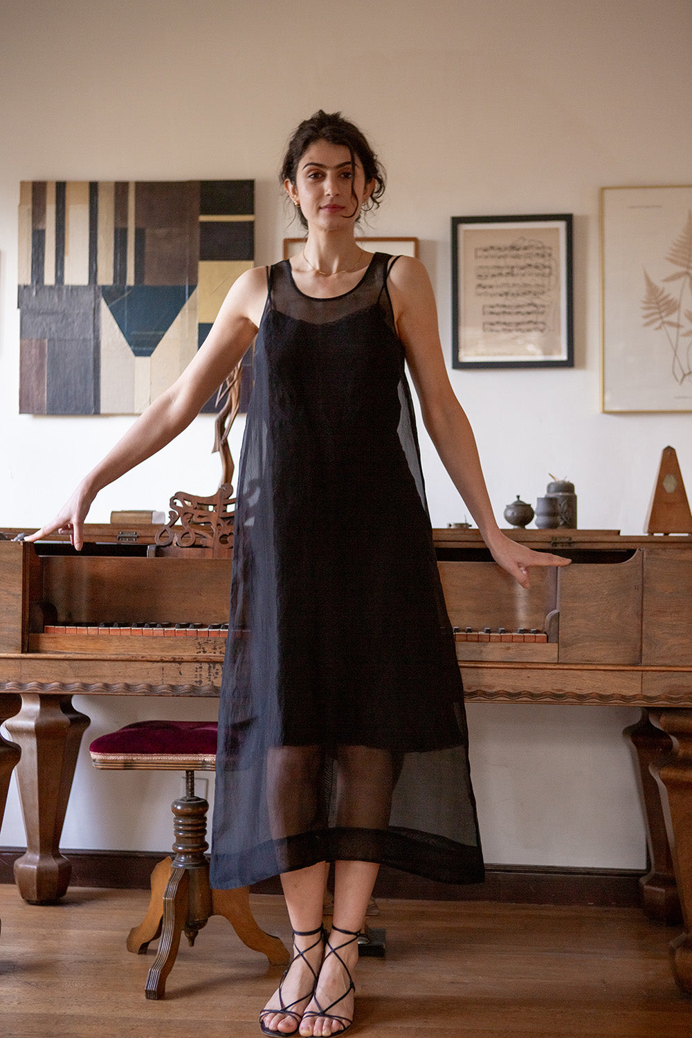open lace back dress Gamine Embroidered Silk Organza Dress In Onyx