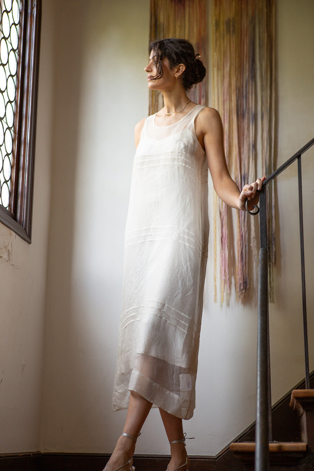 Gamine Pintuck Silk Organza Dress in Ivory 3