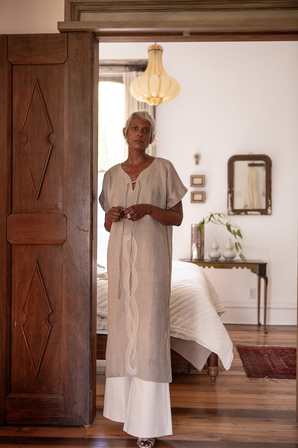 Girard Embroidered Caftan In Serpens Natural Linen