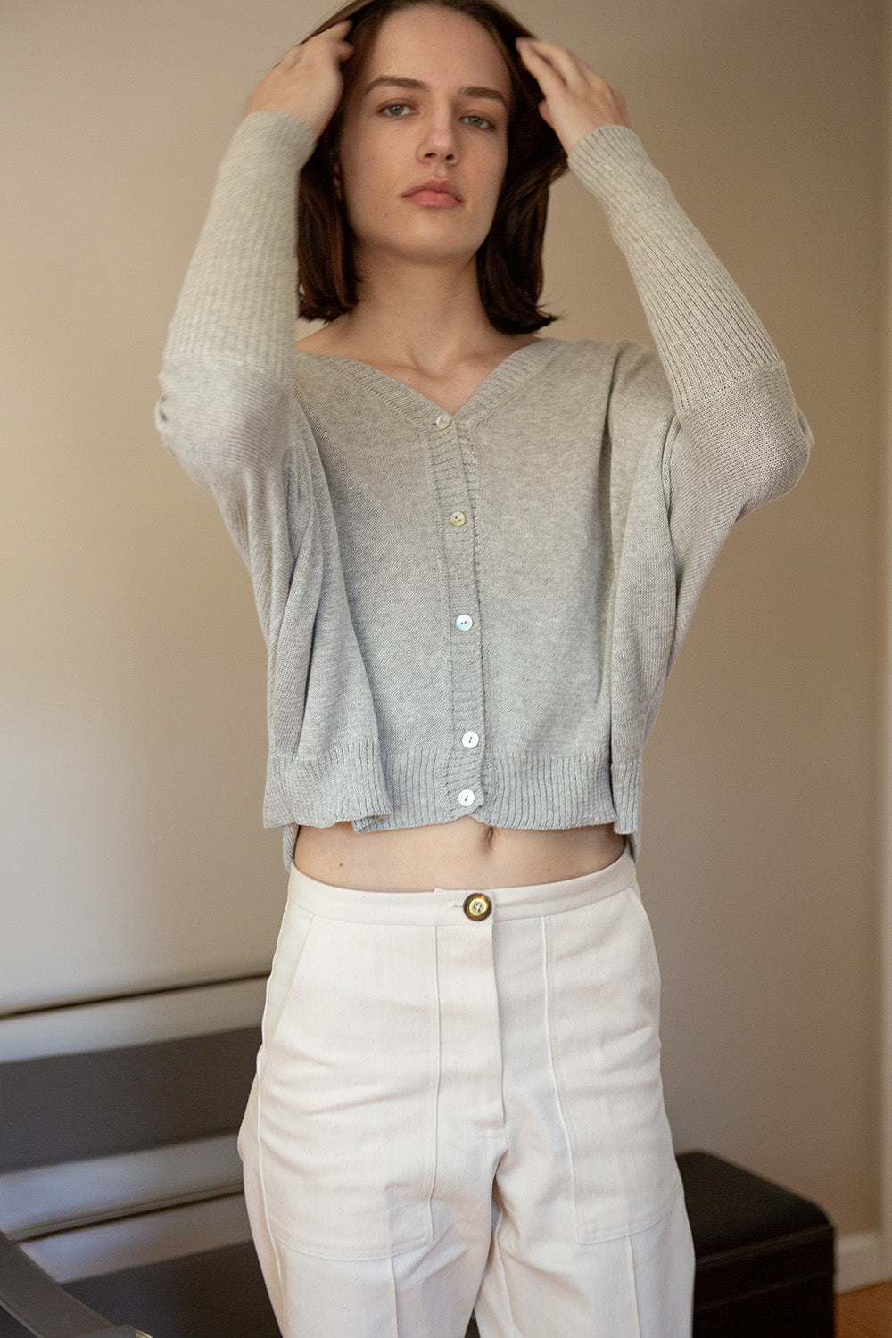 Grace Pima Cotton Cardigan in Light Grey