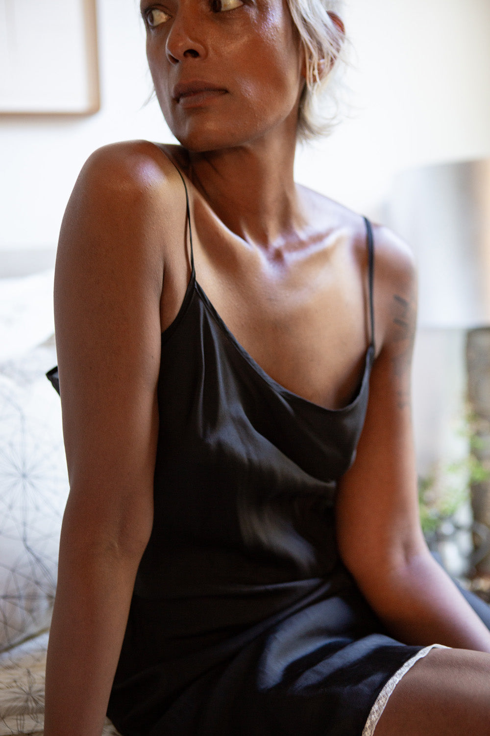 Greta Silk Slip Dress in Black/Ivory