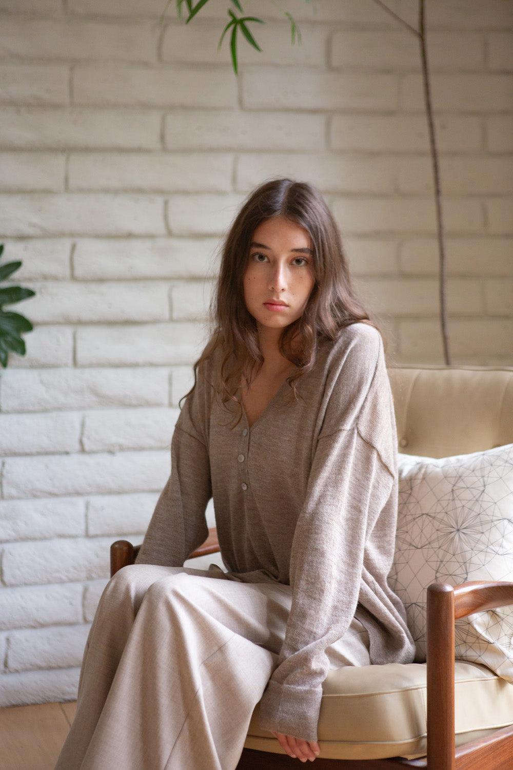 PRE-ORDER Alpaca V Neck Henley in Fawn