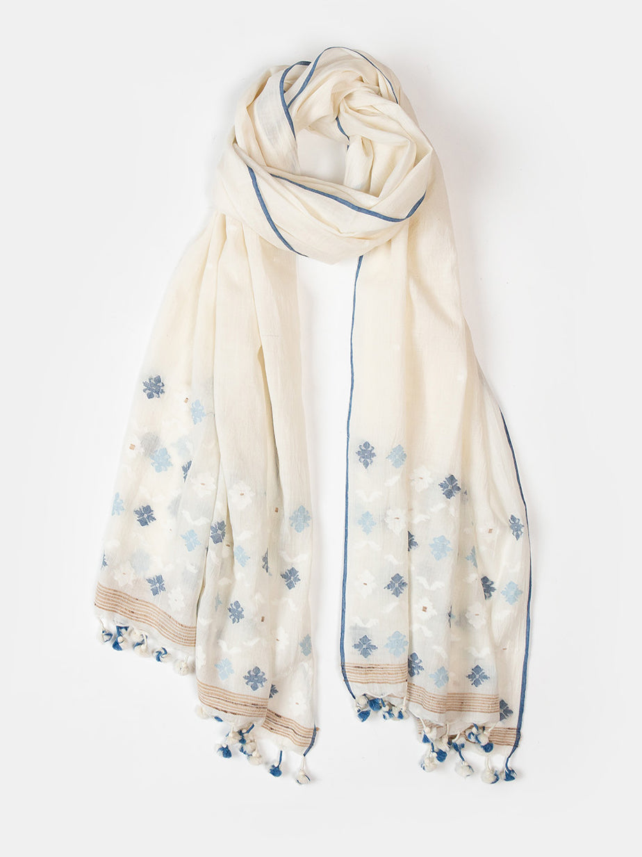 Jamdani Khadi Shawl In Chambray Flower