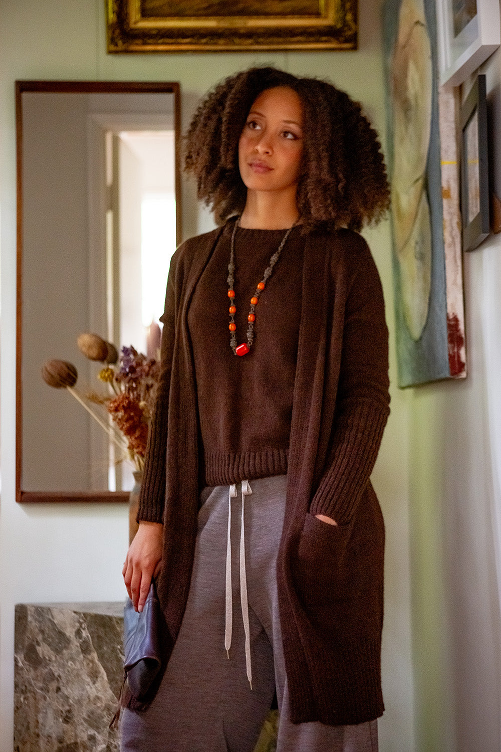 Joan Alpaca Silk Long Cardigan In Nocino