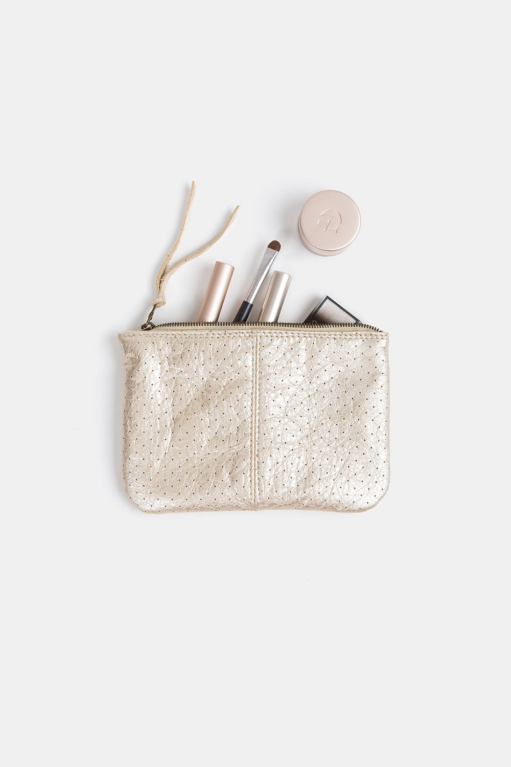 Elodie Leather Makeup Bag in Perforated Platinum