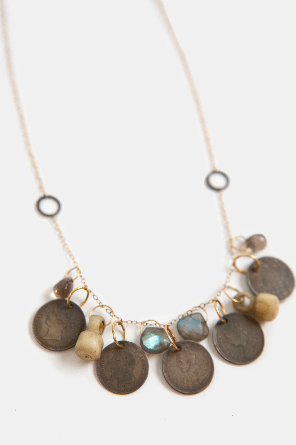 Melissa Joy Manning One-of-a-kind Gold Chain Necklace with Labradorite Drops, Antique Coins, and Bone Relics