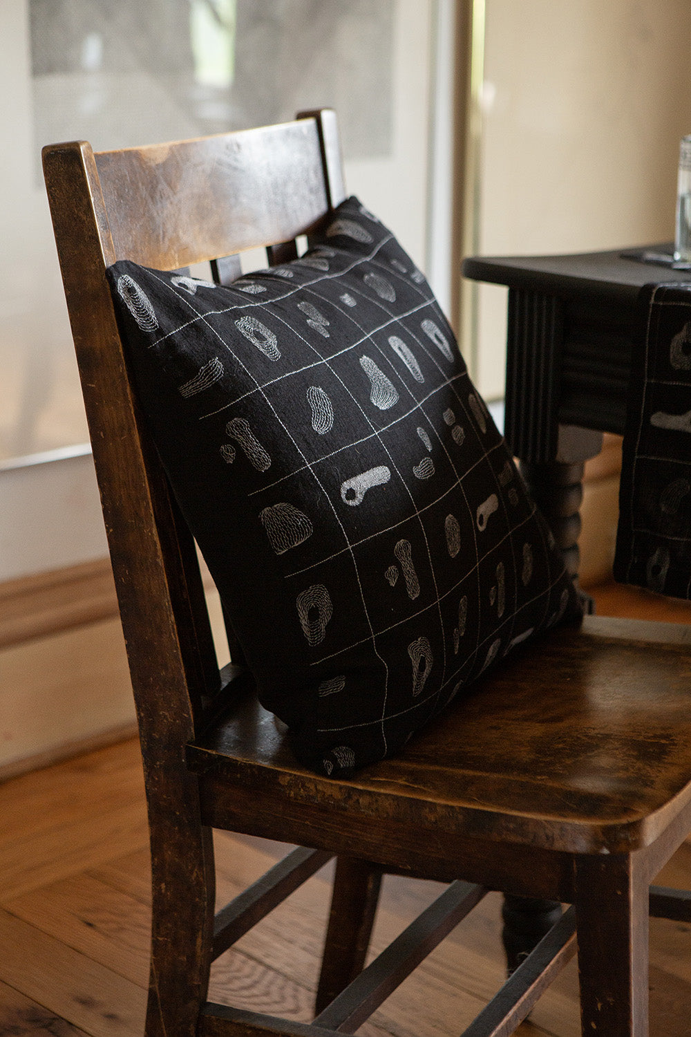 Linen Throw Pillow In Black Line Embroidery