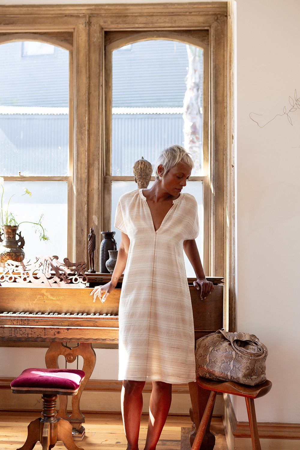 Suki Jamdani Cotton Dress In Dune Stripe