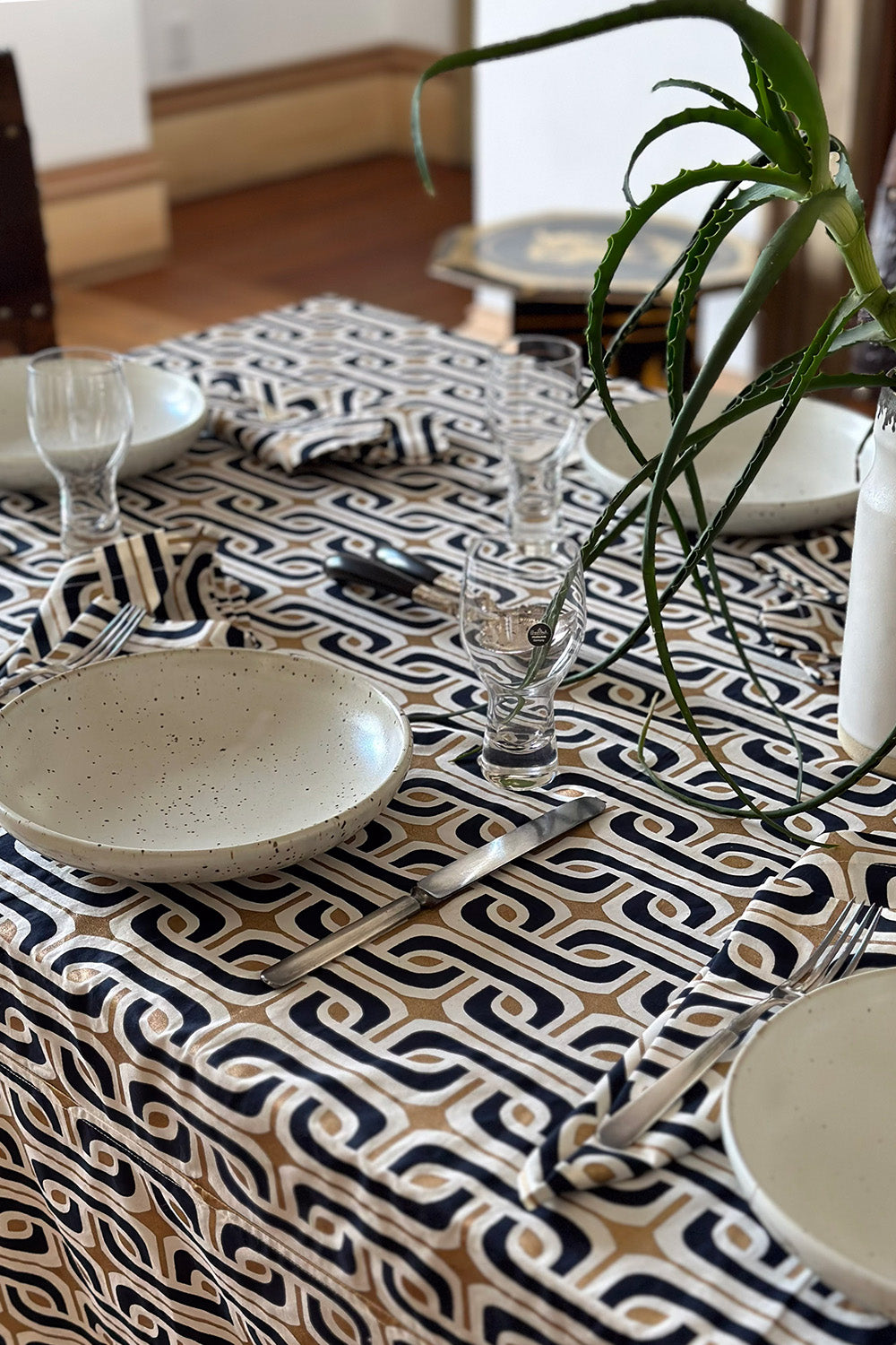 Cotton Tablecloth In Navy and Gold Super 1965