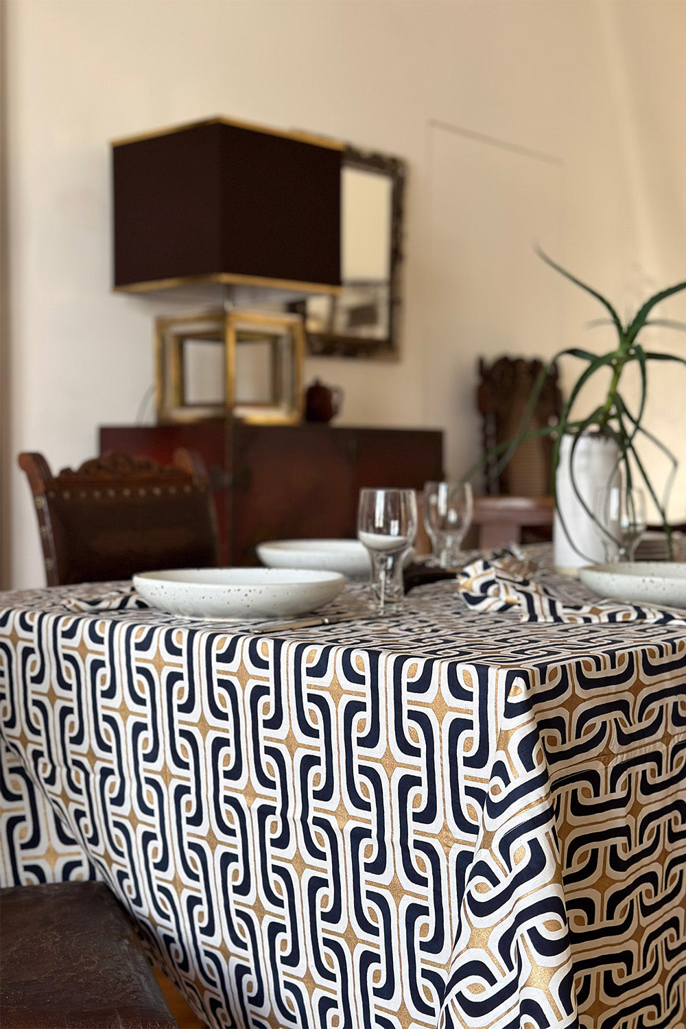 Cotton Tablecloth In Navy and Gold Super 1965
