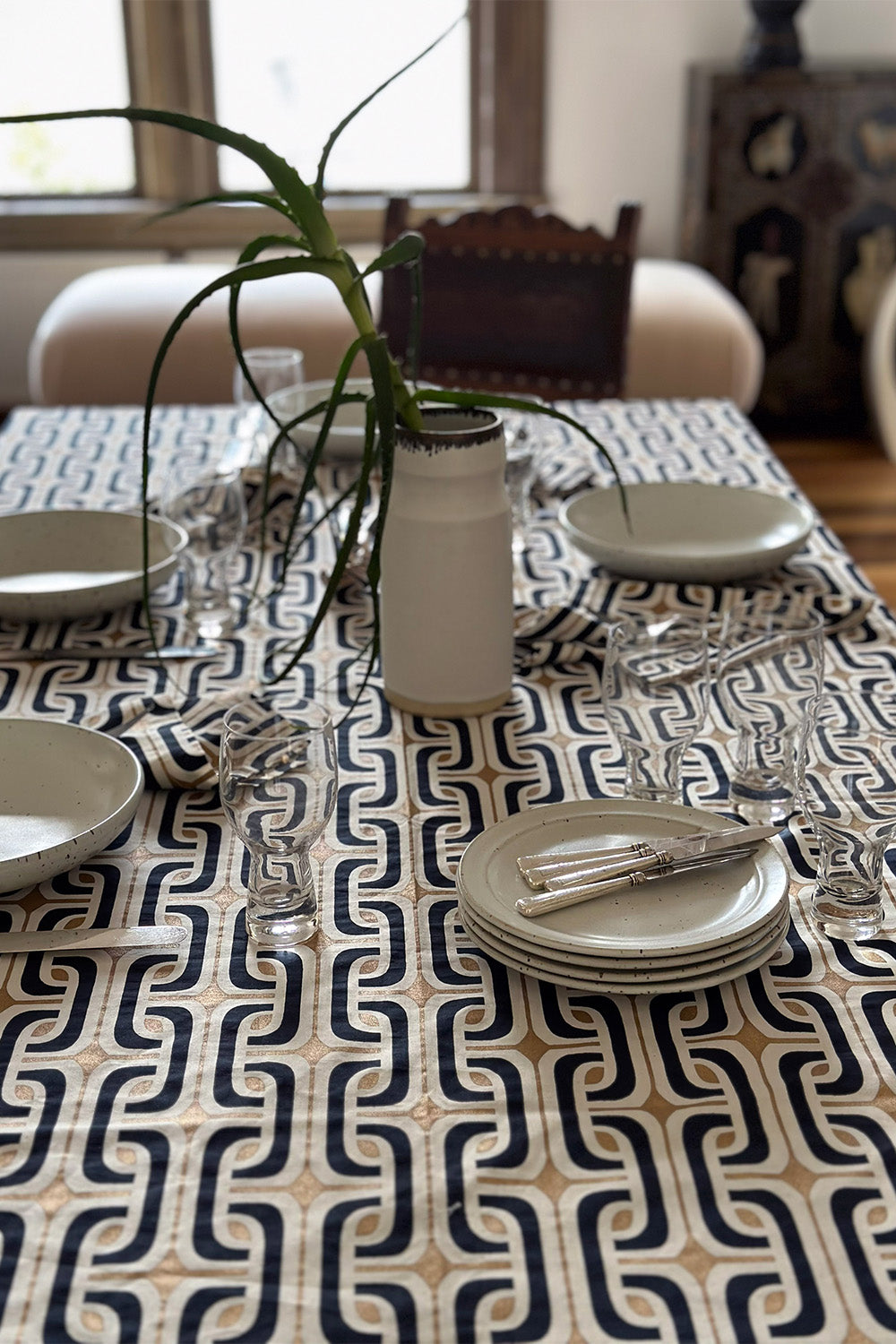 Cotton Tablecloth In Navy and Gold Super 1965