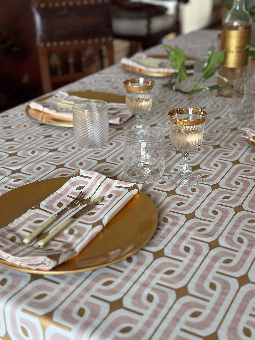 Cotton Tablecloth In Mauve and Gold Super 1965
