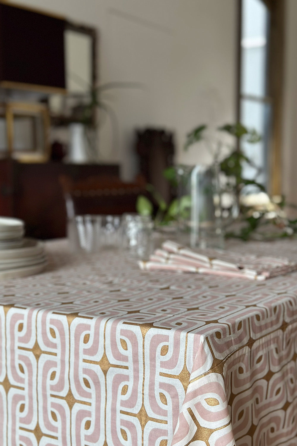 Cotton Tablecloth In Mauve and Gold Super 1965