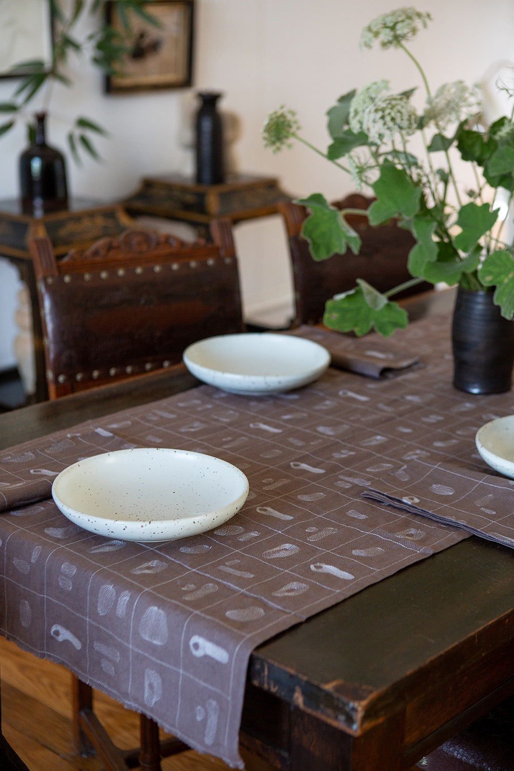 Linen Table Runner In Fig Line Embroidery