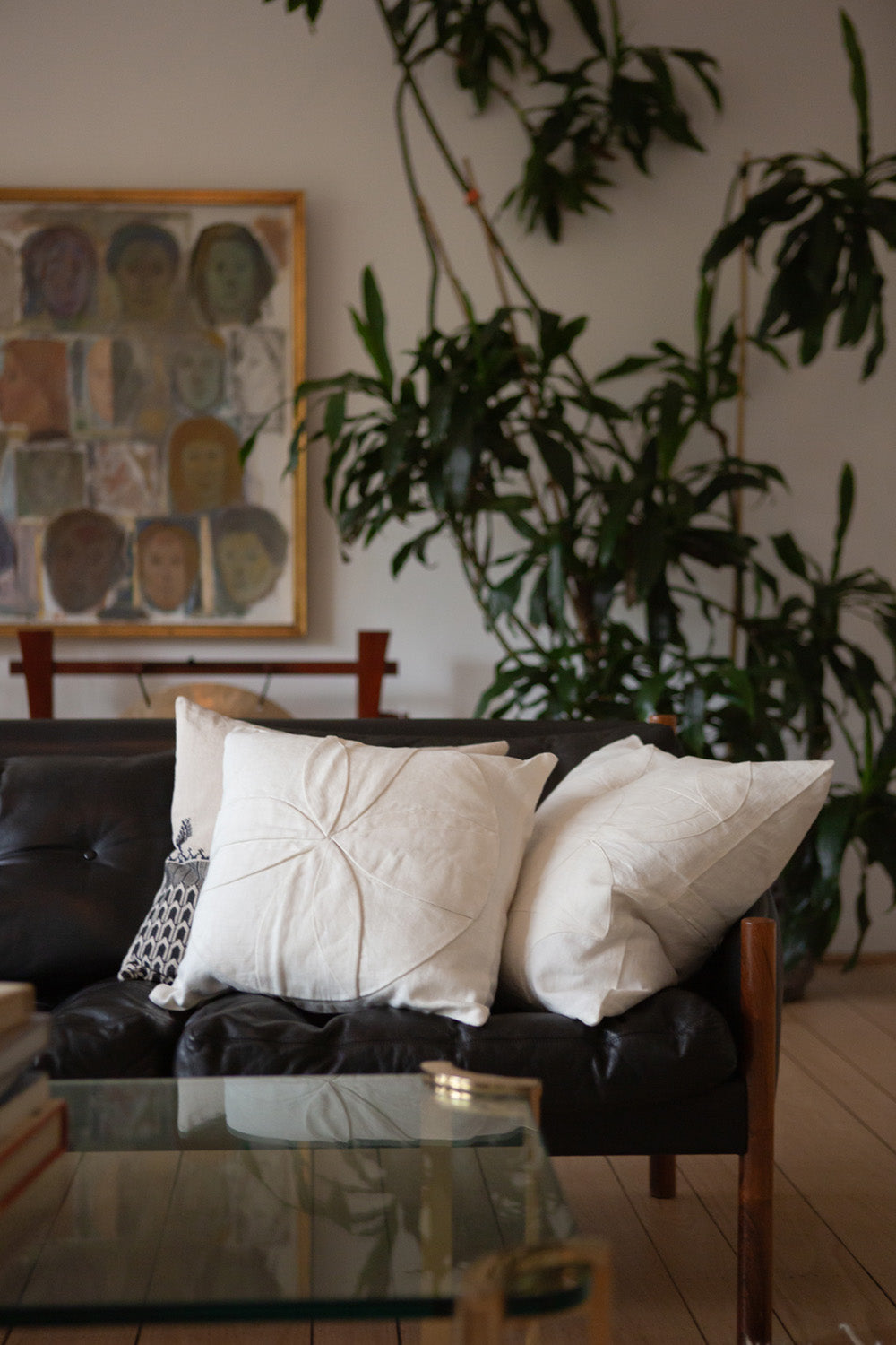 Hand-Appliqué White Linen Throw Pillow in 'All Together Now'