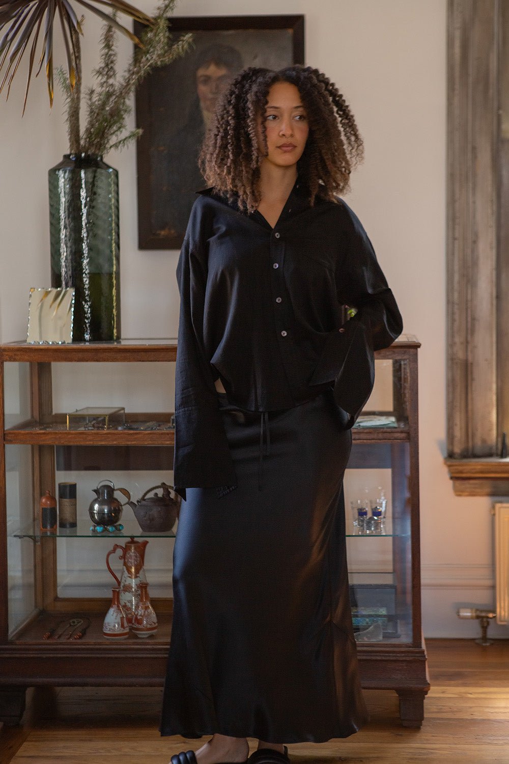 Tula Silk Charmeuse Skirt in Black