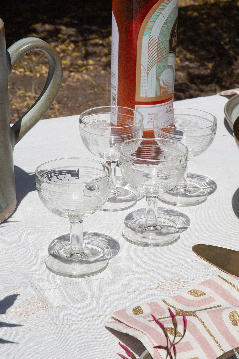 Set of Four Vintage Aperitif Etched Glasses
