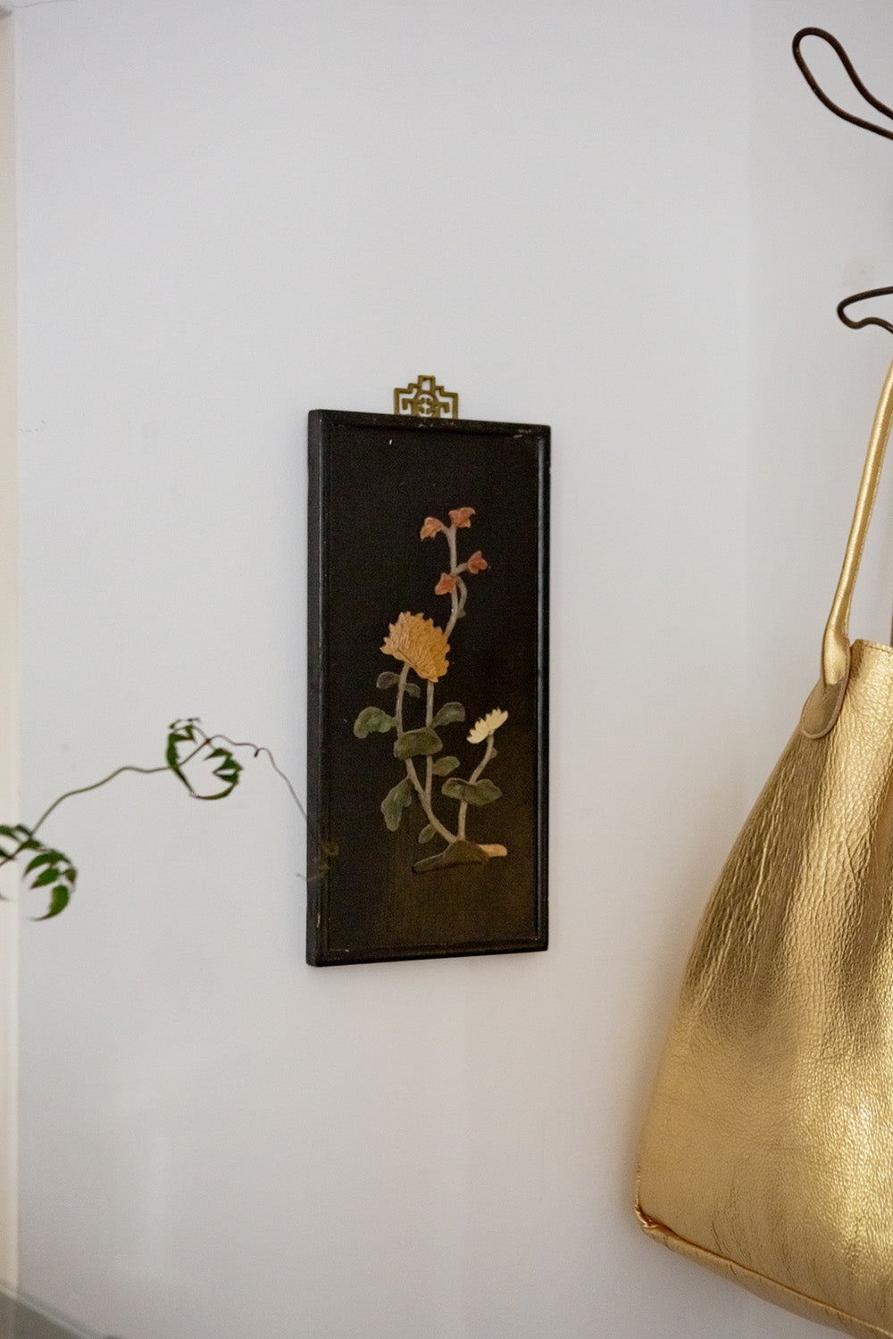 Chinese Botanical Hardstone and Mother of Pearl Panel