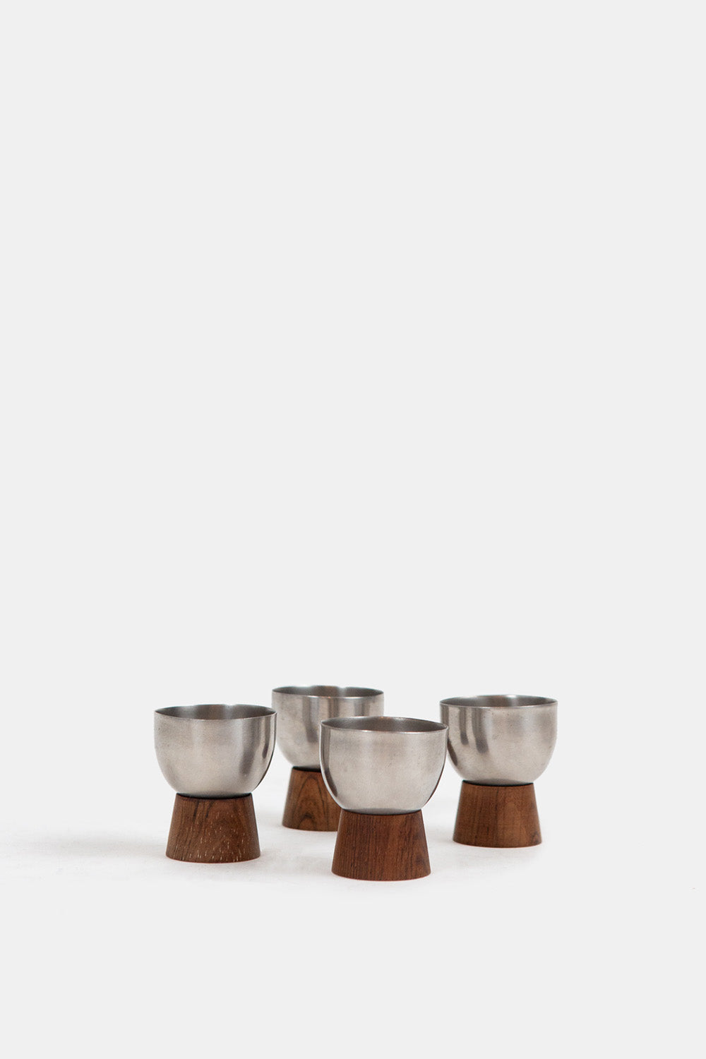 Set of Four Mid-Century Walnut & Metal Egg Cups