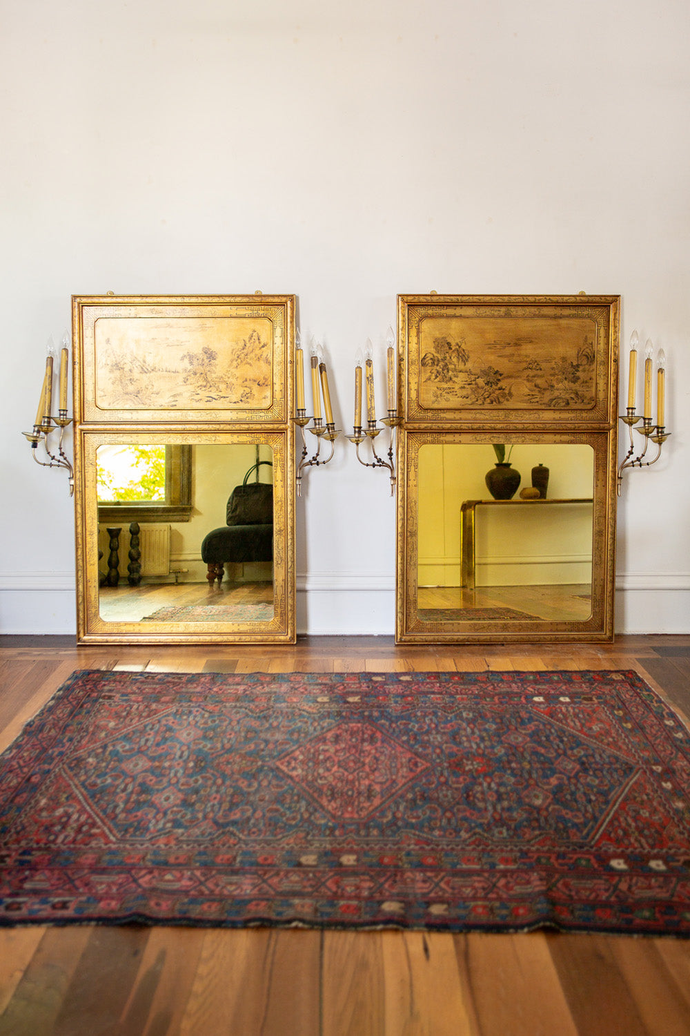 Pair of Italian Chinoiserie Giltwood Girandole Trumeau Mirrors