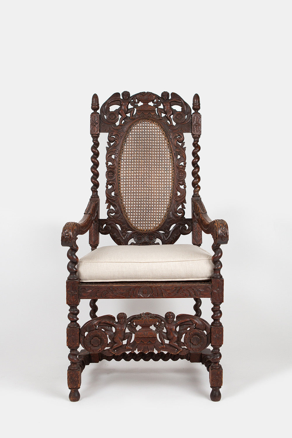 Renaissance Revival Carved Gothic Chair with Bespoke Linen Cushion