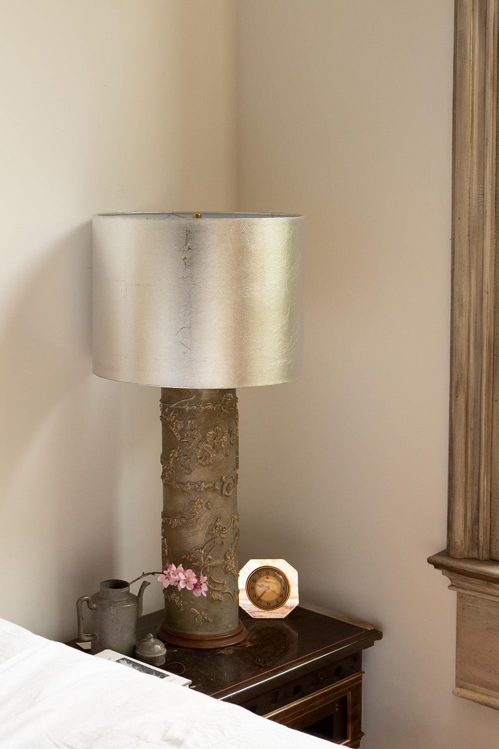 Wood and Brass Wallpaper Press Lamp with Bespoke Silver Leaf Shade