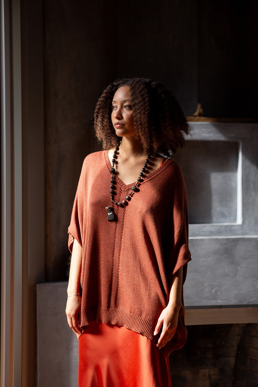 Pima Cotton V Neck Cocoon in Madrone