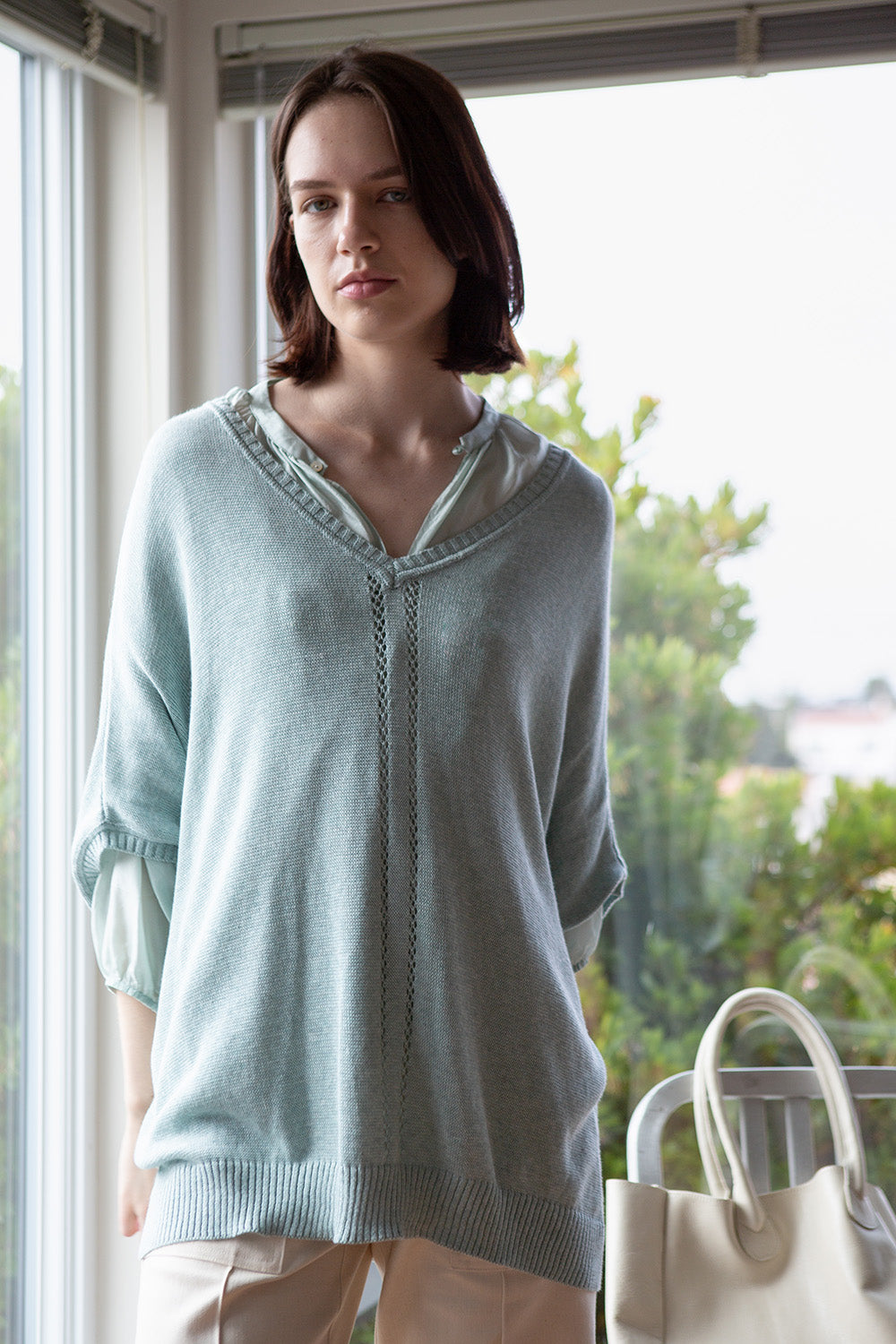 Pima Cotton V Neck Cocoon In Mist