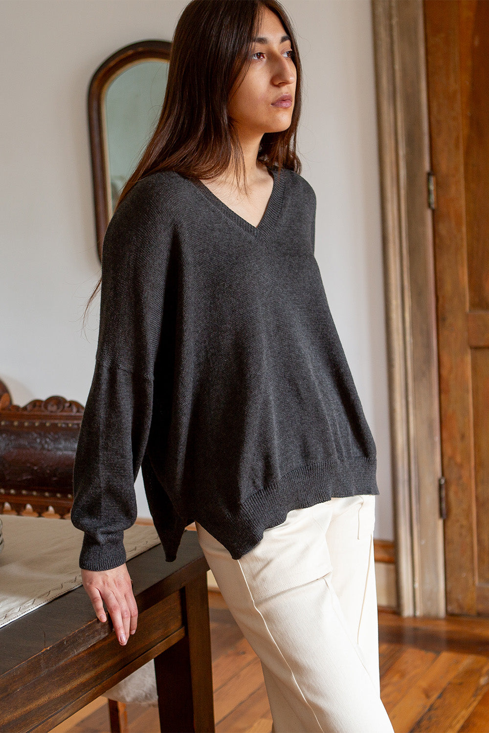 Pima Cotton V Neck Pullover in Charcoal