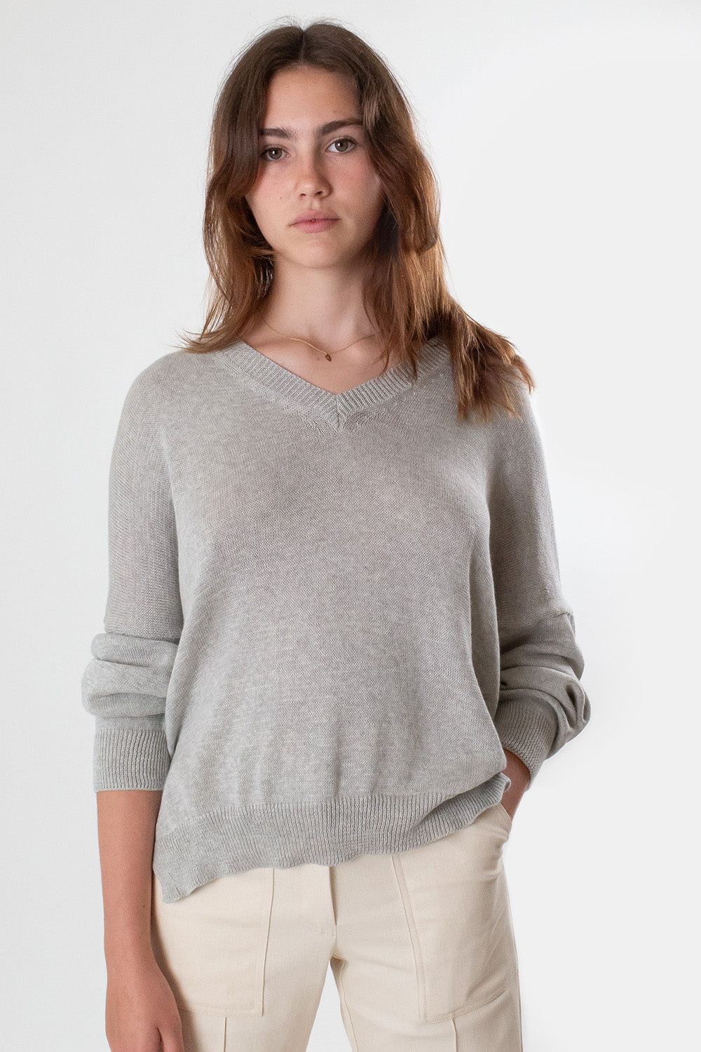 Pima Cotton V Neck Pullover in Light Grey