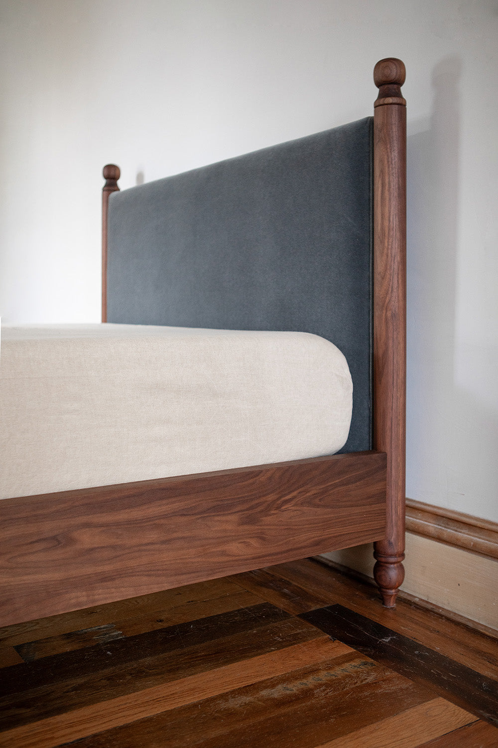 Yves Queen Bed in Slate Mohair Velvet and Walnut - Floor Model