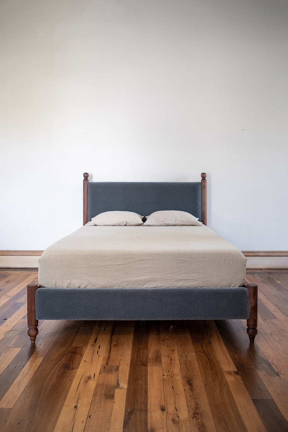 Yves Queen Bed in Slate Mohair Velvet and Walnut - Floor Model
