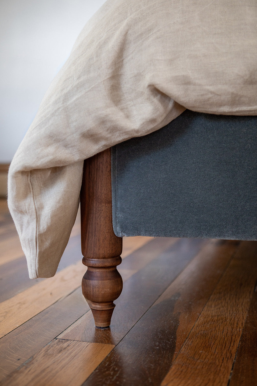 Yves Queen Bed in Slate Mohair Velvet and Walnut - Floor Model