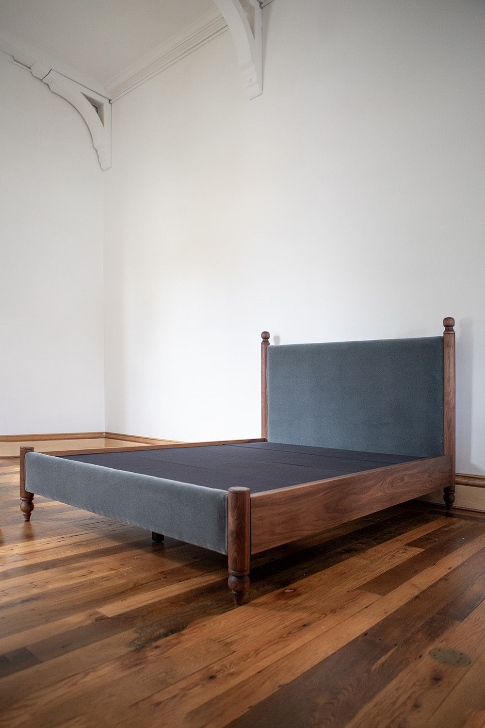 Yves Queen Bed in Slate Mohair Velvet and Walnut - Floor Model