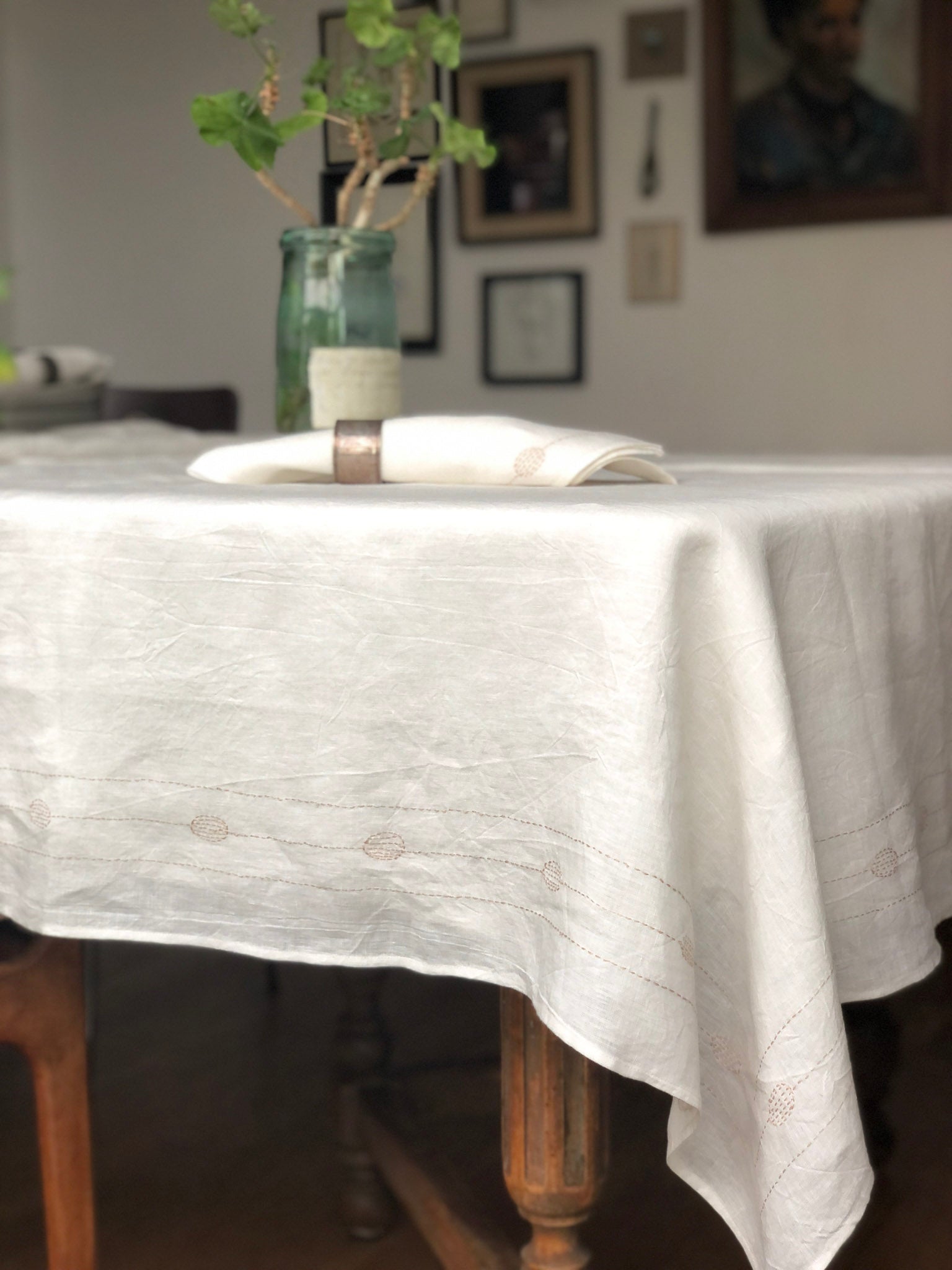Square Totem Tablecloth in Hand-embroidered Soft White Linen