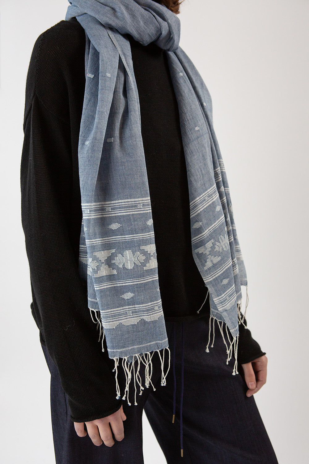 Jamdani Khadi Shawl In Chambray